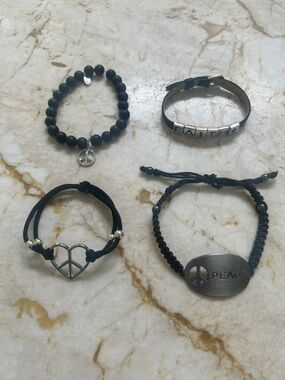 Black Beaded & Cord Peace + Faith Bracelet Set
